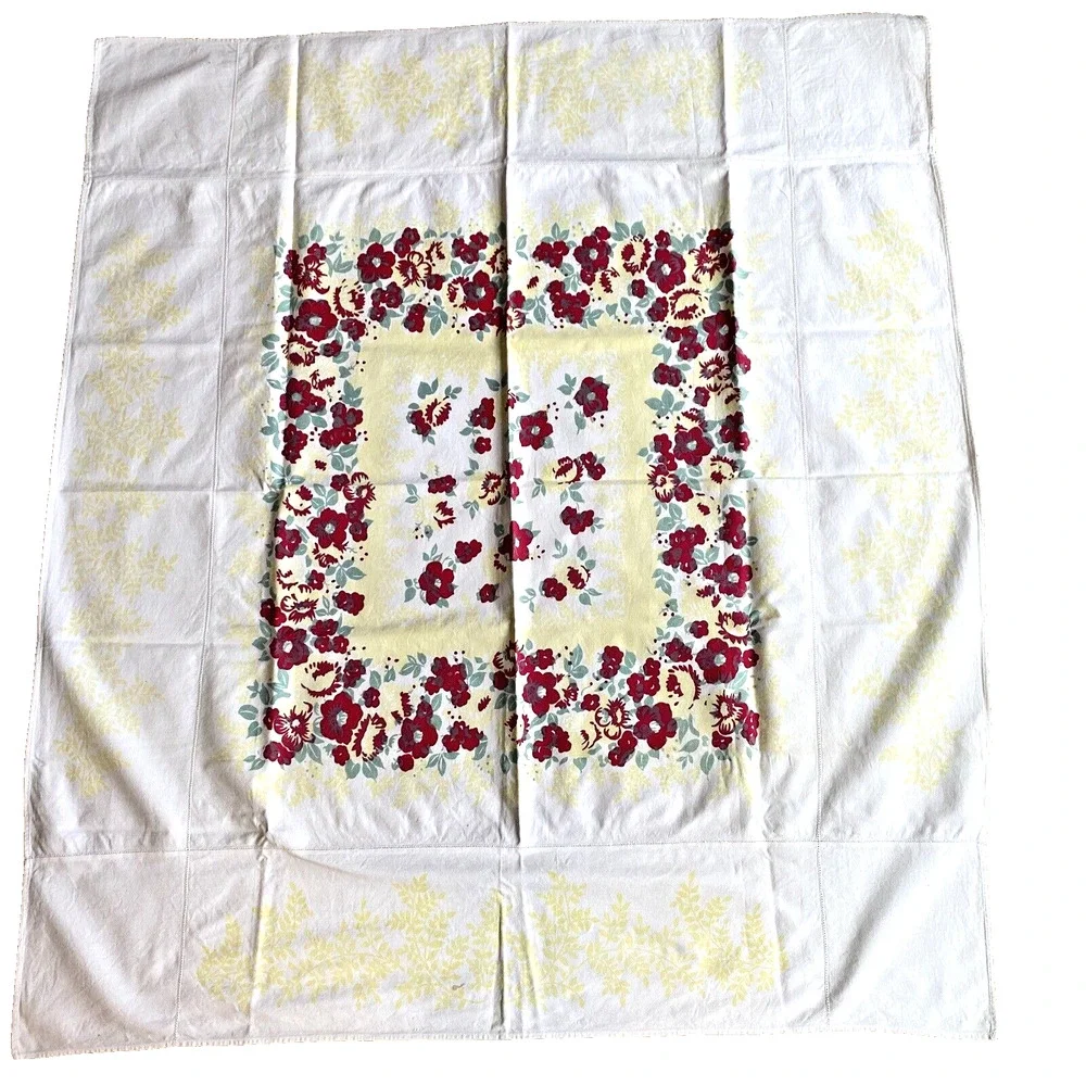 Vintage Cotton Farmhouse Tablecloth Floral Print Yellow Red & Green Floral Flaws